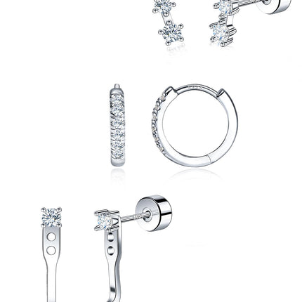 Moissanite 925 Sterling Silver Flatback Stud Jacket Earring Stacks 3 Pairs
