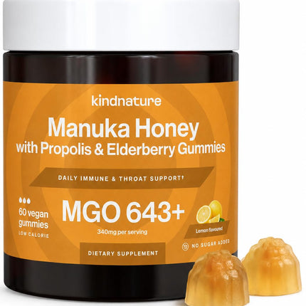 kindnature Manuka Honey Medical Grade Gummies MGO 643+ - New Zealand Manuka Honey with Zinc, Vitamin C, Elderberry - Throat Comfort & Immune Support - Kids & Adults