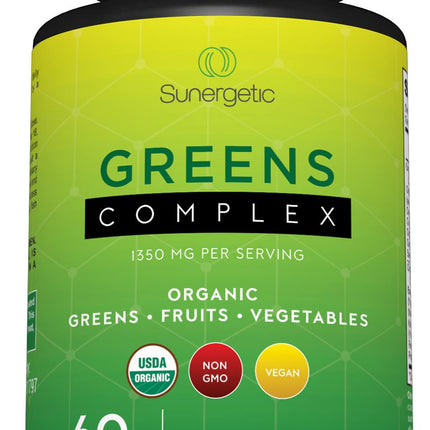 Sunergetic Premium USDA Organic Greens Superfood Tablets – Greens Superfood Powder Includes Veggies, Fruits & Polyphenols – Daily Greens Superfood Powder Supplement– 60 Greens Tablets