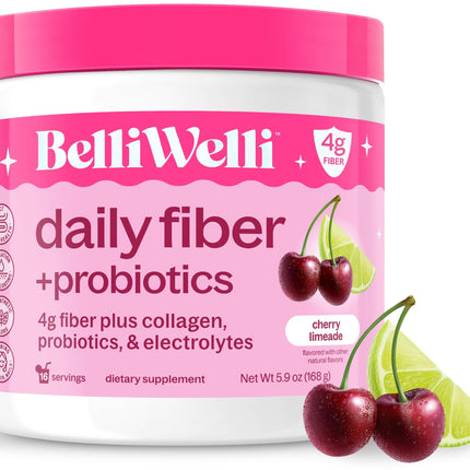 Belli Welli Fiber Supplement for Women&Men, Premium Daily Fiber Powder from Organic Acacia Fiber Added Collagen, Electrolytes&Probiotics, No Bloat, Constipation&Gut Health Support (Cherry Limeade)