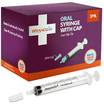 3ml Syringe With Cap (100 Pack) | Oral Dispenser Without Needle, Luer Slip Tip | Individually Wrapped Medicine Dropper For Infants & Pets