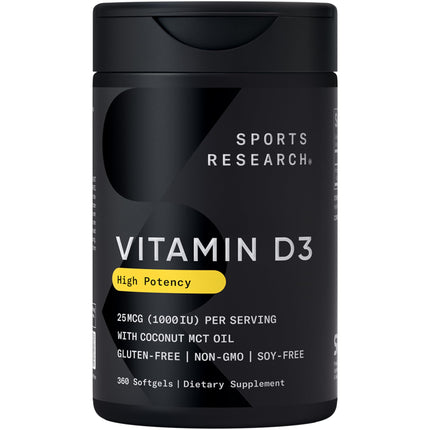 Sports Research® Vitamin D3 1000 IU with Coconut MCT Oil - High Potency Vitamin D Supplement for Immune & Bone Support - Gluten Free · Non-GMO · Soy Free - 360 Count Softgels