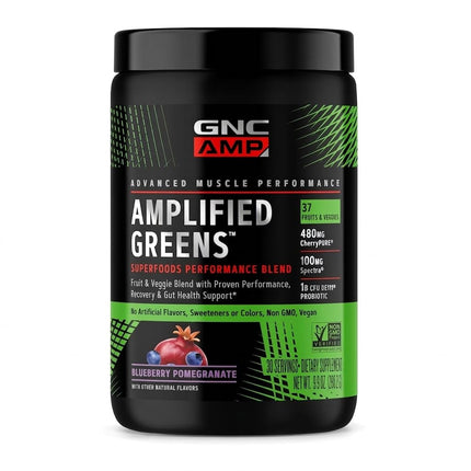 GNC AMP Amplified Greens Superfoods Performance Blend - Vegan Athlete Superfood Drink - Blueberry Pomegranate - 9.9 Oz (30 Servings)