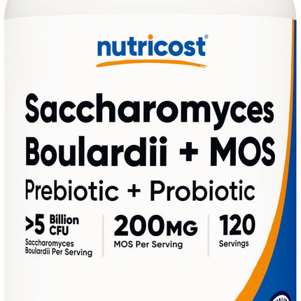 Nutricost Saccharomyces Boulardii + MOS Capsules (>5 Billion CFU) 120 Capsules - Prebiotic + Probiotic, 200mg of MOS Per Serving