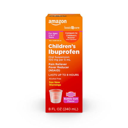 Amazon Basic Care Children's Ibuprofen Oral Suspension 100 mg per 5 mL, Pain Reliever and Fever Reducer (NSAID), BubbleGum, For Minor Aches and Pains, Headache Relief and More, 8 fl oz (Pack of 1)