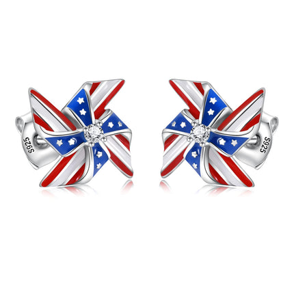 Silver USA American Flag Earrings - Patriotic Star Ears Stud Fourth of July Windmills Independence Day Hoop Jewelry Gift for Women Veterans