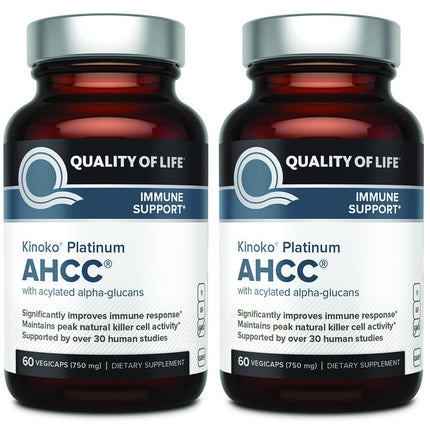 Quality of Life AHCC Kinoko Platinum 750 mg – Premium Immune Support Supplement - Pack of 2, 60 Count Bottles