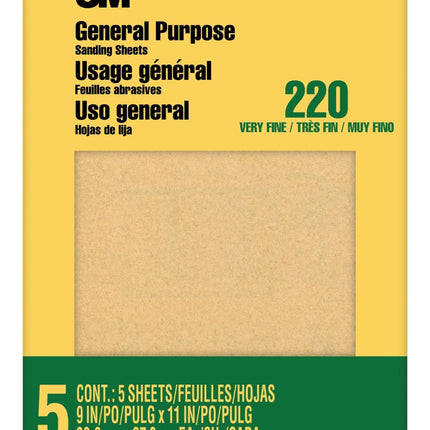 3M Sandpaper, 220 Grit, 5 Sheets, 9 x 11 in, Very Fine Aluminum Oxide