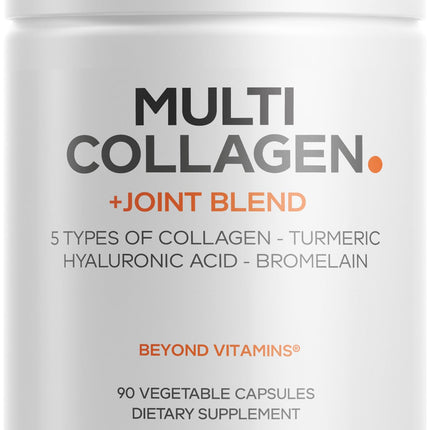Codeage Multi Collagen Protein + Joint Blend Supplement, Hyaluronic Acid, Bromelain, Turmeric, Ginger, Boswellia, Astaxanthin - Hydrolyzed Bovine Collagen - 5 Collagen Types - Non-GMO - 90 Capsules