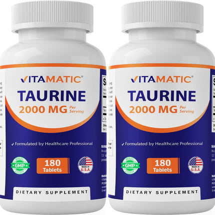 Vitamatic Taurine 2000mg Vegetarian Tablets, 180 Count, Non-GMO, Gluten Free - 2 Pack