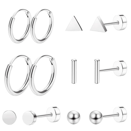 Staligue Titanium Earrings Set - 6 Pairs, Hypoallergenic, Silver
