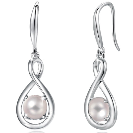 FANCIME White Pearl Dangle Drop Earrings 925 Sterling Silver Dainty Infinity June Birthstone Earring Fine Jewelry Birthday Mothers Day Gifts for Mom Her Women