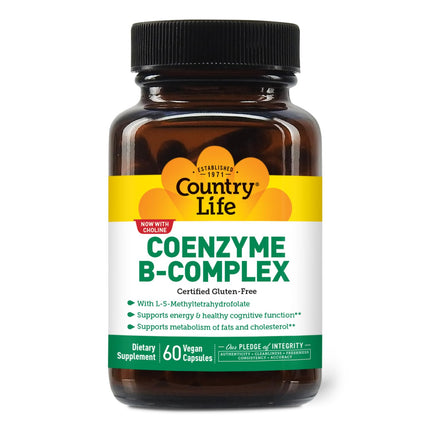 Country Life Coenzyme B-Complex, 60 Capsules – Supports Energy & Metabolism, Mood & Cognitive Function – Vegan, Gluten-Free, Bioavailable B Vitamins with Choline