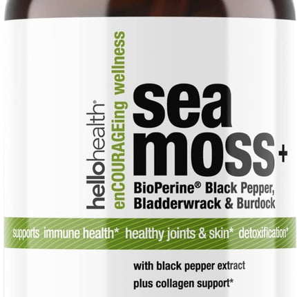 HELLO HEALTH Organic Irish Sea Moss Capsules - Wildcrafted Sea Moss Burdock Root & Bladderwrack Bioperine Super Food for Immune Support Thyroid Support and Natural Energy - 120 Caps