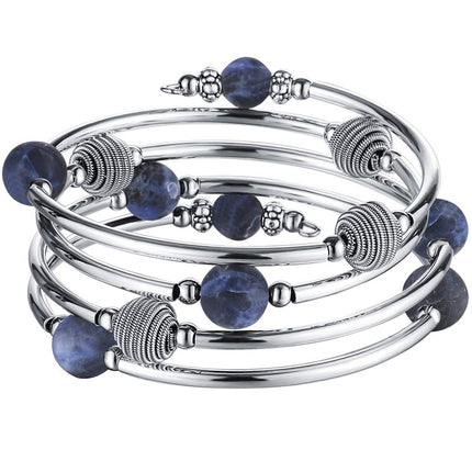 PEARL&CLUB Beaded Chakra Bangle Turquoise Bracelet - Fashion Jewelry Wrap Bracelet with Thick Silver Metal and Mala Beads, Birthday Gifts For Women(63-Navy Blue)