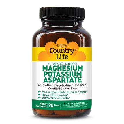 Country Life Target-Mins Magnesium Potassium Aspartate, 600mg/198mg, 90 Tablets, Certified Gluten Free, Certified Vegan