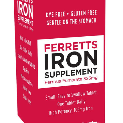 Ferretts Iron Tablets 106mg (325mg Ferrous Fumarate) - 60 Day Supply of High Potency Iron Supplements for Women & Men, Easy on The Stomach Iron Supplements for Anemia, 60 Iron Pills Per Bottle