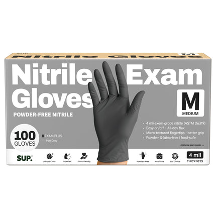 SUP Powder-Free Nitrile Exam Gloves, 100 Count, Food Safe Latex-Free Medical Non-Sterile Cooking Disposable Glove, Black (Medium)