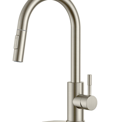 FORIOUS Kitchen Faucet with Pull Down Sprayer, Brushed Nickel High Arc Modern Classic Sink Faucet Stainless Steel with Deck Plate Fit for 1 or 3 Hole for Pot Filler Bar Farmhouse Laundry Rv
