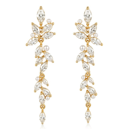 SWEETV Marquise Cubic Zirconia Dangle Earrings for Women, Crystal Wedding Bridal Drop Earrings for Brides Bridesmaids, 18K Gold Plated Chandelier Earrings for Anniversary Prom Jewelry Gift, Style01