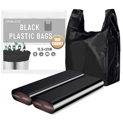 LimonLaviu Black Plastic Grocery Bags, 100 Pack, 11.5'x 6.5" x 21', 22 Pound Capacity, Heavy Duty, Unscented