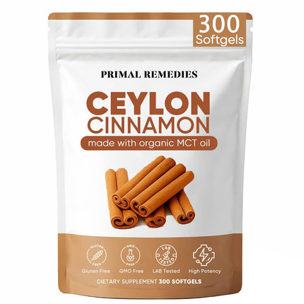 WHDEOW Primal Remedies Ceylon Cinnamon Capsules – 300 Softgels, Cinnamomum Verum Bark Extract, Plant Based Supplement, Clean Label Formula for Daily Wellness Routine (1)