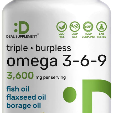 Triple Omega 3-6-9 Fish Oil Supplements 3,600mg – 240 Softgels with Flaxseed Oil & Borage Oils Complex – High EPA + DHA – Burpless Pills, Lemon Flavored, Wild Caught – Heart, Joint, & Brain Support