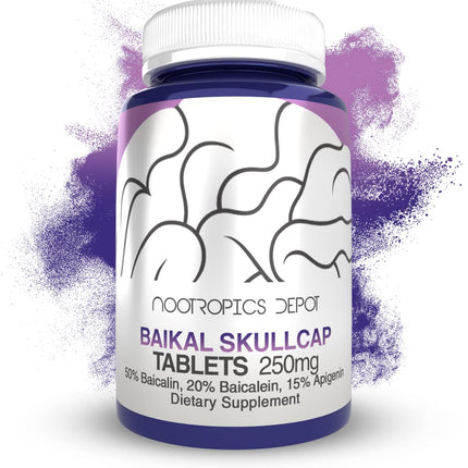Nootropics Depot Baikal Skullcap Extract Tablets | 250mg | 120 Count | >15% Apigenin, >20% Baicalein, >50% Baicalin