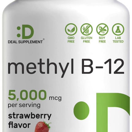 DEAL SUPPLEMENT Methyl B-12 Vitamins 5000 mcg, 240 Chewable Tablets | Active Form - Strawberry Flavored - Energy Support & Brain Health Function - Vegetarian & GMO Free