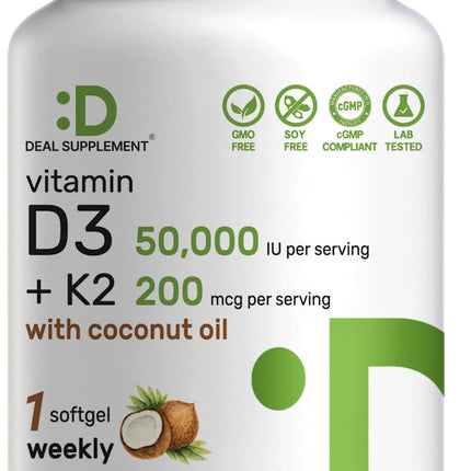 DEAL SUPPLEMENT Vitamin D3 50,000 IU + K2 MK7 200mcg Softgels, 240 Count | 2-in-1 Complex with Virgin Coconut Oil | Supports Heart, Bone, Teeth & Immune Health | Easy to Swallow*