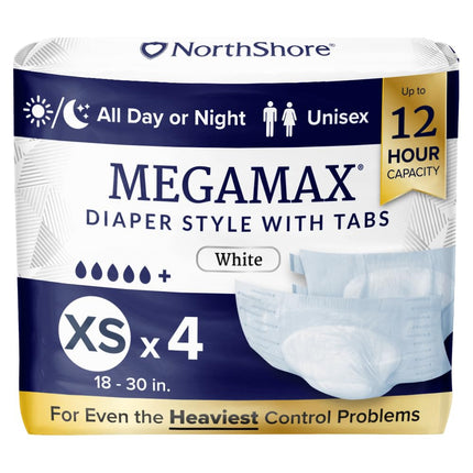 NorthShore MegaMax 12-Hour HBL Adult Diapers for Heavy Bladder Leaks, X-Small, 4 Count, White, 18-30 inches, Tab-Style Incontinence Underwear for Men, Women & Teens