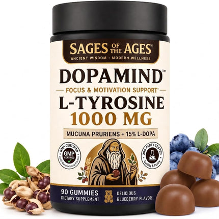 Sages Of The Ages L-Tyrosine Gummies 1000mg – Amino Acid Supplement with Mucuna Pruriens, B Vitamins & Rhodiola – Blueberry Flavor – 90 Gummies