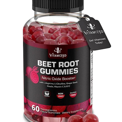 VITAMIZED Beet Root Gummies - Super Nitric Oxide Beets Supplement - Red Beetroot Heart Chews with Grape Seed Power & B12- Pomegranate Flavor, 60 Chewables Beets