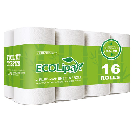 ECOLipak Bamboo Toilet Paper, Septic Safe Toilet Tissue, 16 Double Rolls, 320 Sheets Per Roll, Tree Free, Non Toxic, 2 Ply, Soft and Absorbent, Eco Friendly Dye-Free Paper