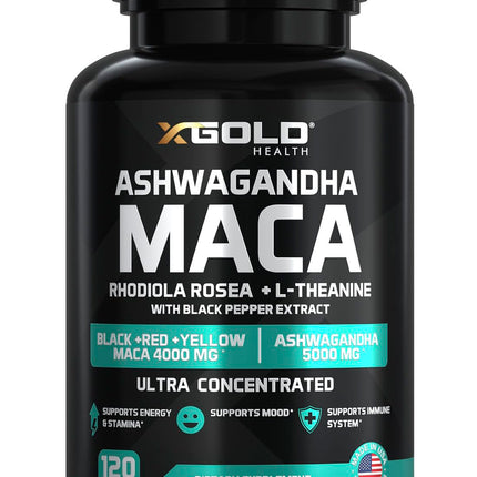 Ashwagandha 5,000mg + Maca Root Black, Red, Yellow 4,000mg, Rhodiola & L-Theanine: 30:1 Extract Ashwagandha Capsules, 20:1 Extract Maca Root Capsules - Supplement for Men and Women
