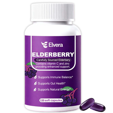 ReviveNerve Elvera Elderberry, 3-in-1 Gut Support Complex with Zinc & Vitamin C, Organic Black Elderberry Capsules for Immune Support & Digestive Balance, Vegan & Non-GMO (1pcs)