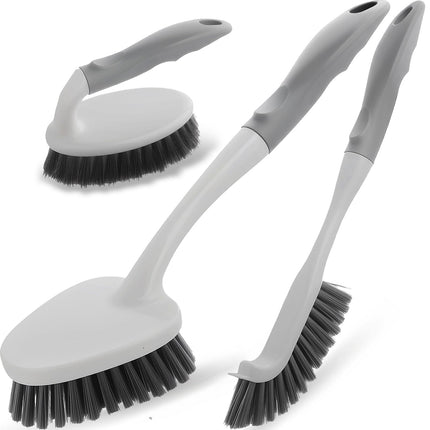 3 Pack Heavy Duty Scrub Brush Set for Household Use, Long Scrub Brush, Handheld Scrub Brush, and Crevice Brush with a Scraper Head for Cleaning Bathroom, Tile, Grout, Tub, Floor, Sink
