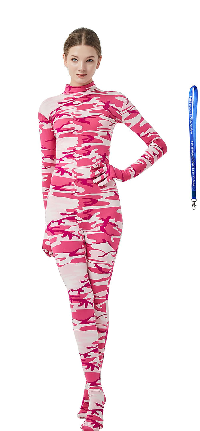 Full Bodysuit With Zipper Helper Womens Costume Without Hood Spandex Stretch Zentai Unitard Body Suit (Large, Camo Pink)