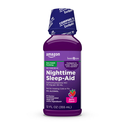 Amazon Basic Care Nighttime Sleep-Aid Liquid for Adults, Helps Fall Asleep Fast, Diphenhydramine HCl 50 mg, Mixed Berry Flavor, 12 fl oz (Pack of 1)