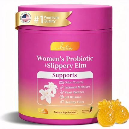 Women’s Probiotic Gummies with Slippery Elm & Prebiotic, Daily Feminine Balance Support, pH Balance for Women, Healthy Flora & Freshness Support, Digestive & Immune Support, Pineapple Flavor, 60 Count