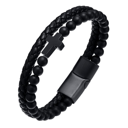Mens Cross Bead Braided Genuine Leather Bracelet, Black Gemstone Agate Onyx Beaded Rosary Obsidian Bangle, Faith Religious Easter Catholic Christian Communion Baptism Christmas Jewelry Gift for Men