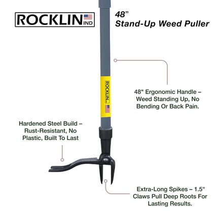 Rocklin Stand Up Weed Puller Tool Long Handle 48” | No Bending or Kneeling | 4-Claw Steel Head, Heavy Duty Dandelion Root Extractor & Weed Remover for Lawn