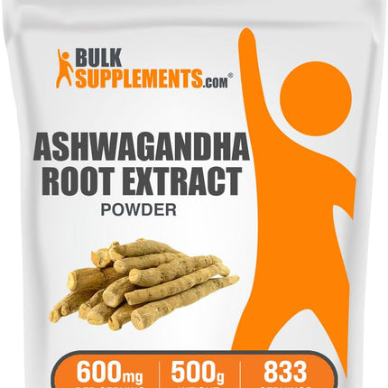 BulkSupplements.com Ashwagandha Root Extract Powder - Ashwagandha Supplement, Herbal Supplement - Vegan & Gluten Free, 600mg per Serving, 500g (1.1 lbs) (Pack of 1)
