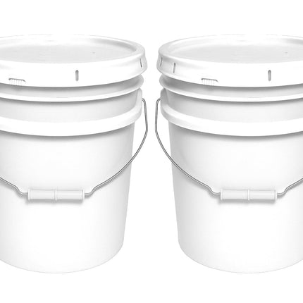 MKS Plastics 5-Gallon Bucket with Airtight Lid – Made in USA, Food Grade BPA Free Plastic, Heavy Duty Multi-Use, Metal Handle with Grip, Stackable Storage – White, 2 Pack