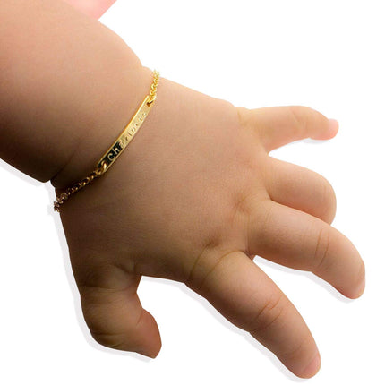 Baby Name Bar ID Bracelet Gold Plated Personalized Baby Gifts 16k Gold Dainty Hand Stamp Customized Newborn to Children First Birthday Great Gift