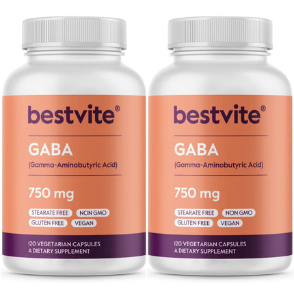 BESTVITE GABA 750mg per Capsule (240 Vegetarian Capsules) (120 x 2) - No Stearates - No Fillers - Vegan - Gluten Free - Non GMO
