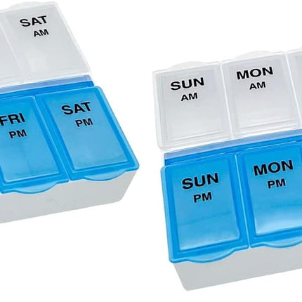 Amazon Basic Care 7-Day AM/PM Pill Organizer | Large Compartments | 2 Times Daily | Blue Clear Lids | Pack of 2
