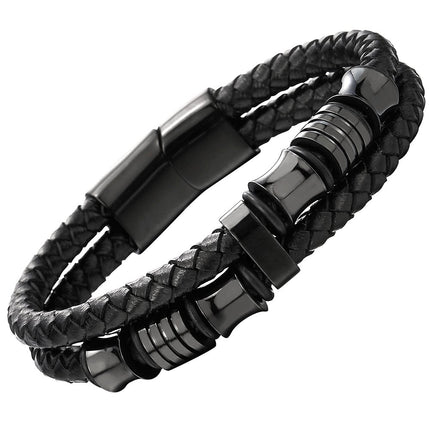 Men's Black Braided Leather Bracelet with Stainless Steel Accents Double-Layer Design Durable Biker Punk Style Wristband Modern Minimalist Fashion Jewelry for Men