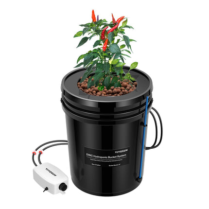 VIVOSUN DWC Hydroponics Grow System with Top Drip Kit, 5-Gallon Deep Water Culture, Recirculating Drip Garden System with Multi-Purpose Air Hose, Air Pump, and Air Stone (1 Bucket + Top Drip Kit)