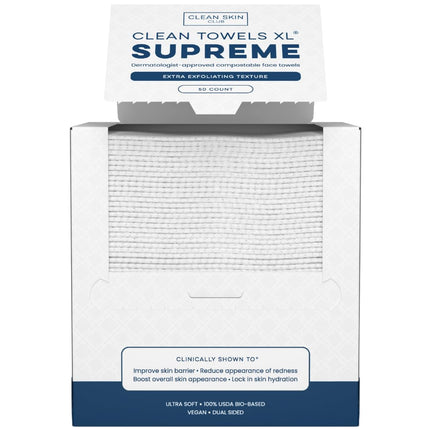 Clean Skin Club Clean Towels XL® Supreme, 100% USDA Biobased Face Towel, Disposable Face Towelette, Eczema Association Accepted, Thicker Textured Dry Wipes, Ultra Absorbent & Soft, 1 Pack, 50 Ct
